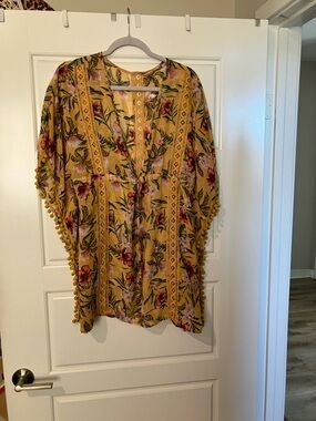 Mustard Floral Boho Tie-Front beach cover up